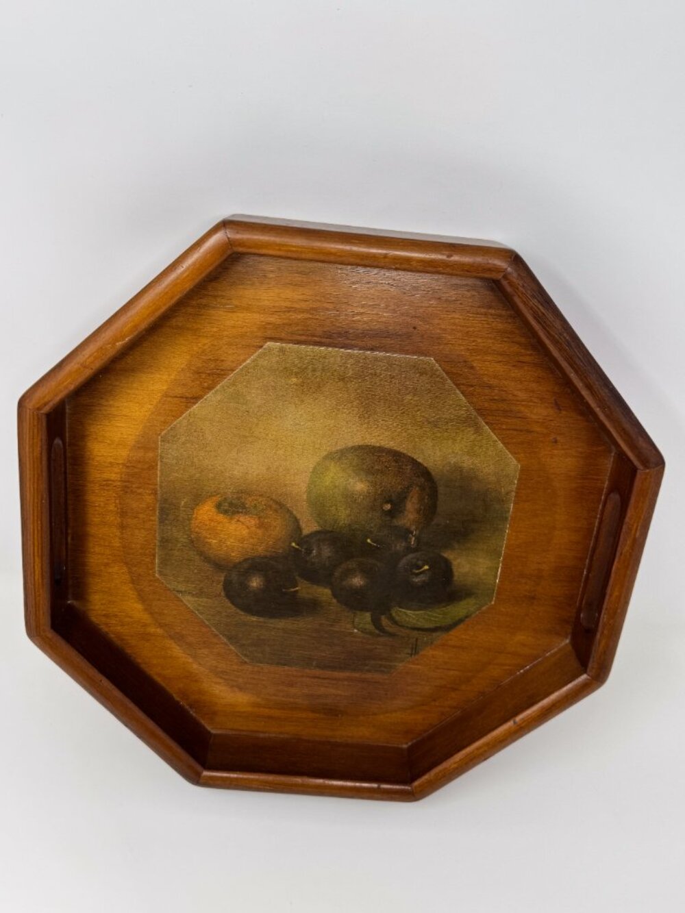 Vintage Wooden Serving Tray Octagon Fruit Print Mid Century